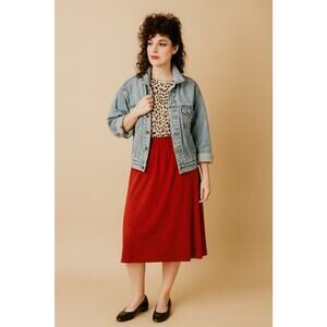 Vintage 80s Red 100% Cotton Elastic Waist Maxi Skirt USA Made One Size Fit